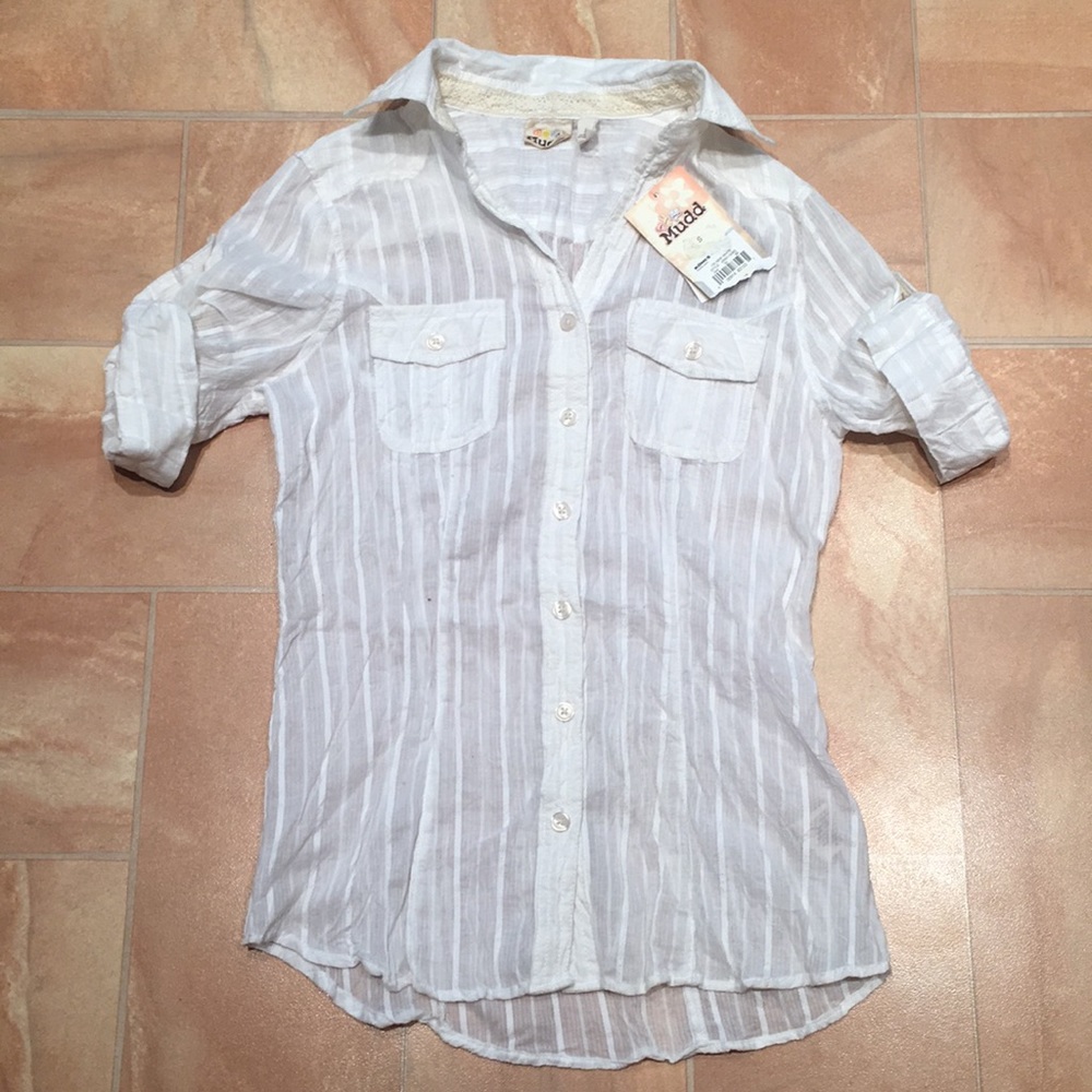 NWT Mudd Girls White Sheer Button Down Collar Cuffed Short Sleeve Shirt Top